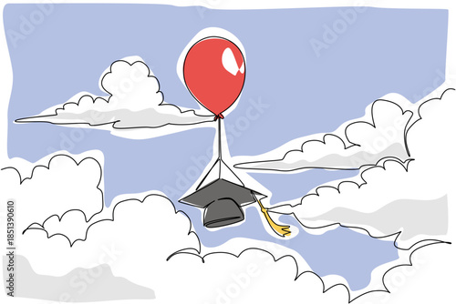 Single line drawing of a graduation cap lifted by a balloon floating in clouds, symbolizing ambition, education, and academic dreams in a creative concept for National Higher Education Day.