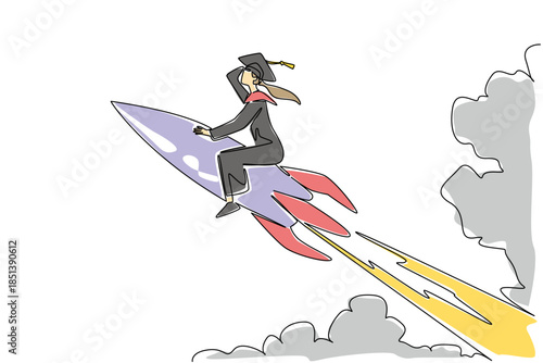 Continuous line drawing of a young beauty female graduate riding a rocket in the sky, symbolizing knowledge, ambition, and progress in an educational concept for National Higher Education Day.