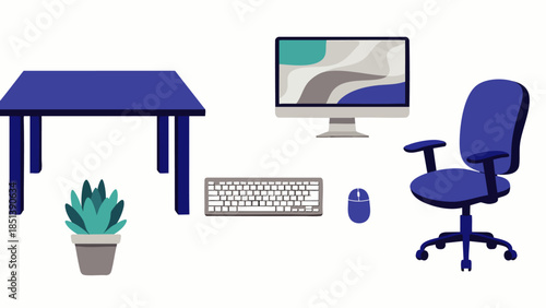 Modern blue office desk setup with computer, keyboard, mouse, chair, and potted plant. Workspace illustration.