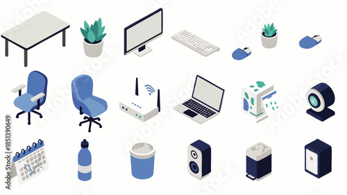 Isometric Office Supplies and Furniture Set: Desk, Chairs, Computer, Laptop, Calendar, Plants, and More