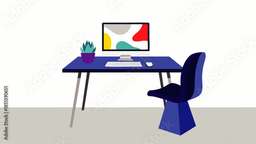 Modern minimalist home office setup with computer, desk, chair, and potted plant against a plain background.