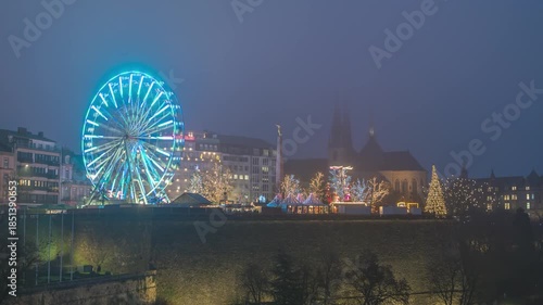 Grand Duchy of Luxembourg time lapse night Christmas market at Place de la Constitution