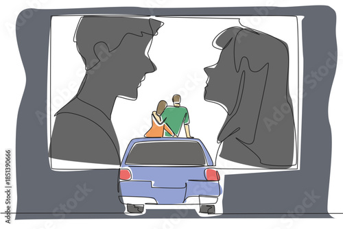 A couple sits on a car roof, embraced while watching a romantic film projected large, symbolizing love and togetherness on National Drive-In Movie Day in a continuous line drawing concept.