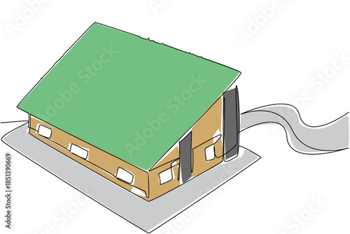 Continuous line drawing of a wide-roof eco house with greenery covering the top, promoting sustainability and eco-friendly lifestyle for World Green Roof Day, nature concept.