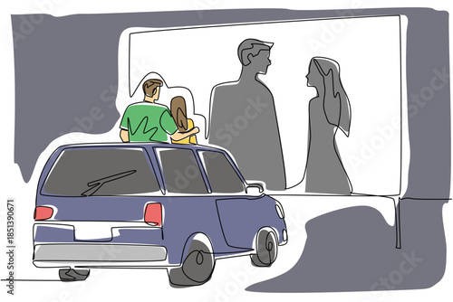 A young couple sits on their car roof to watch a giant movie screen, reflecting romance and leisure for National Drive-In Movie Day in a single line drawing entertainment concept.