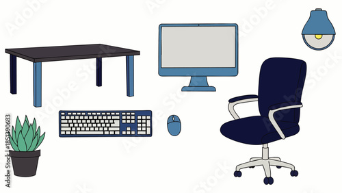 Modern home office setup with computer, desk, chair, keyboard, mouse, plant, and lamp, isolated on white background