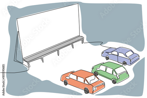 Cars are parked in front of a huge blank screen ready for a night show, symbolizing nostalgia and entertainment on National Drive-In Movie Day in a single line drawing style.