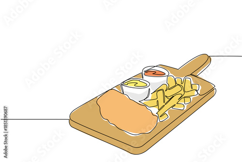 A single line drawing of fish and chips with dipping sauces on a wooden board, representing tradition and flavor, celebrating National Fish and Chip Day in a food concept illustration.