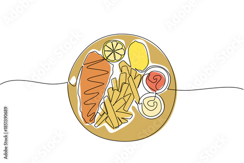 A continuous line drawing of a plate featuring fish, chips, and bread roll, representing classic British cuisine celebrated on National Fish and Chip Day as a cultural food concept.