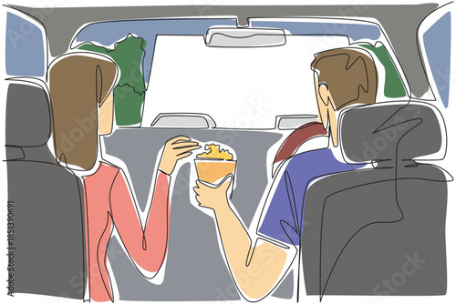 A man and woman sharing snacks inside a car at a drive-in, symbolizing romantic bonding and leisure under National Drive-In Movie Day in a continuous line drawing entertainment concept.