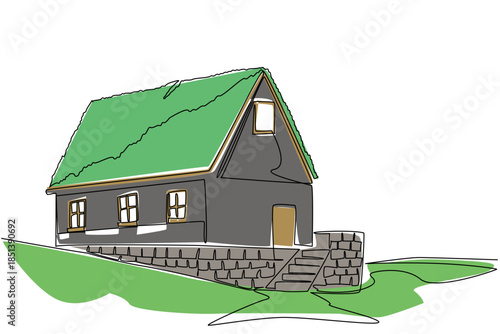 Single line drawing of a cottage with a green roof set on a hill, highlighting sustainable rural housing and eco-friendly architecture for World Green Roof Day, nature concept.