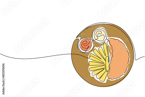 One line drawing of a round plate with fish, chips, lemon slice, and sauces, capturing traditional flavors and heritage of National Fish and Chip Day as a food concept design.