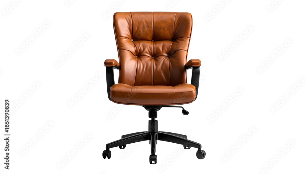 Fototapeta premium Front view of a tufted, high-back brown leather office chair with a black base