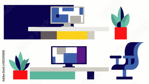 Minimalist flat design illustration of a modern home office workspace with computers, desks, potted plants, and an office chair, representing remote work and digital technology.