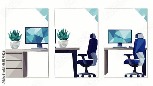 Modern flat design illustration of a home office workspace with computer monitor, desk, and ergonomic chair, ideal for remote work and digital productivity.