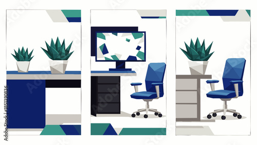 Modern office interior design with blue chairs, computer and plants, minimalist workspace, professional business environment