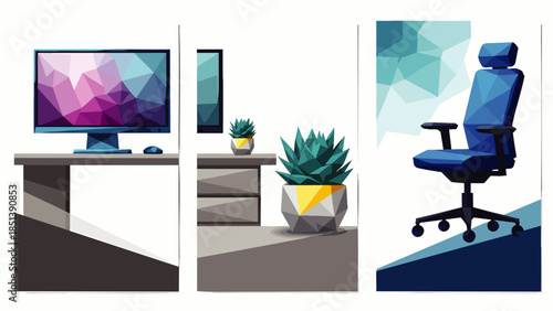 Modern Office Interior Design with Desk, Computer, and Ergonomic Chair, Geometric Patterns