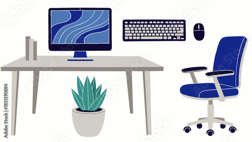 Modern Office Desk Setup with Computer, Keyboard, Mouse, and Ergonomic Chair, Business Workspace Illustration