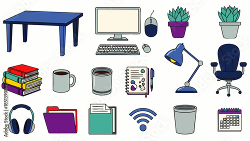 Collection of Office Supplies and Furniture Icons for Remote Work or Home Office Setup