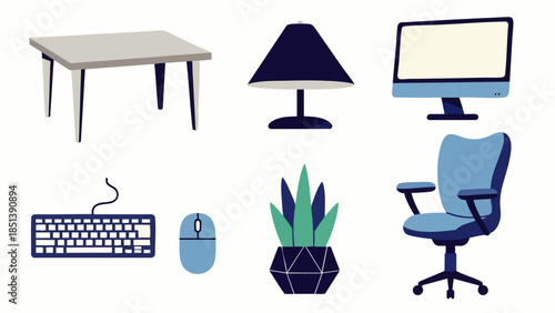 Flat Design Icons of Office Furniture and Computer Equipment for a Modern Workspace