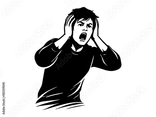 Panic attack silhouette illustration, stressed man screaming