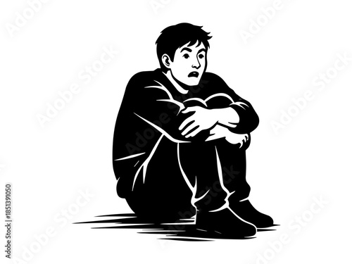 Depression silhouette illustration, lonely man hugging knees