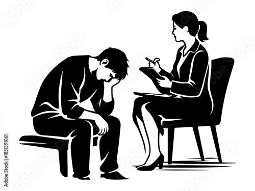 Counseling silhouette illustration, depressed man therapy