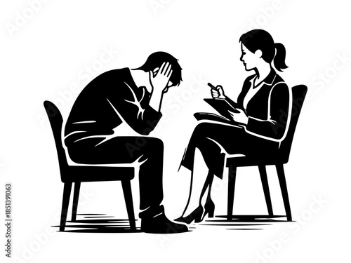 Therapy session silhouette illustration, stressed patient counseling
