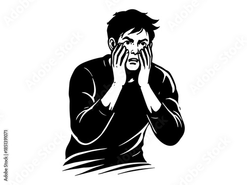 Shock silhouette illustration, worried man holding face