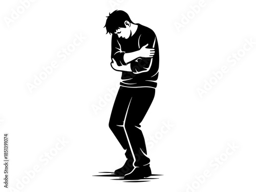 Anxiety silhouette illustration, nervous man hugging himself