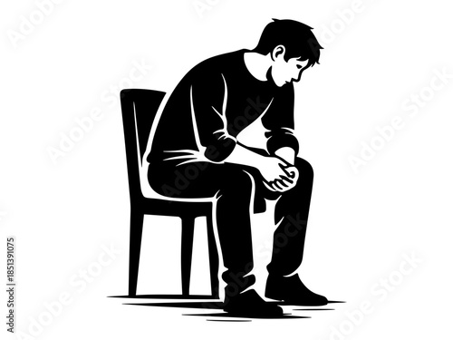 Depression silhouette illustration, sad man sitting on chair