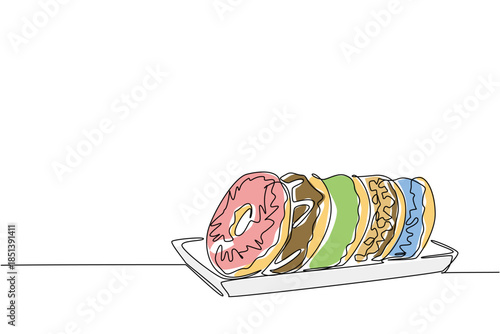 Vibrant single line drawing illustration of a row of assorted donuts stacked on a white tray. Strawberry, bubble gum, blueberry, matcha. indulgence and joy of National Donut Day celebration theme.