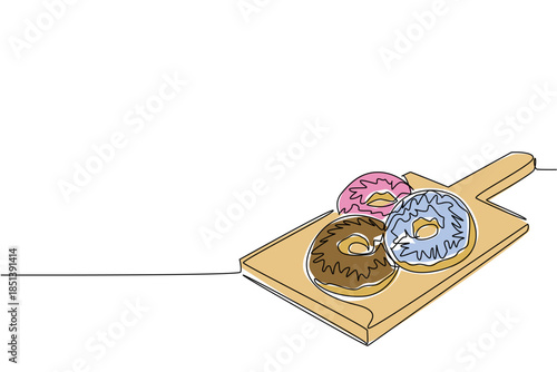 One line drawing showing three donuts with bubble gum, strawberry and chocolate flavor on a wooden board, symbolizing the sweet indulgence of National Donut Day in a minimal food concept design.