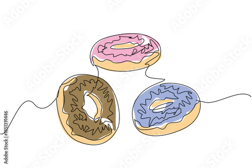 One line drawing illustration of three colorful donuts floating playfully, chocolate, strawberry, blueberry flavor, symbolizing sweetness and fun celebration for National Donut Day food art theme.
