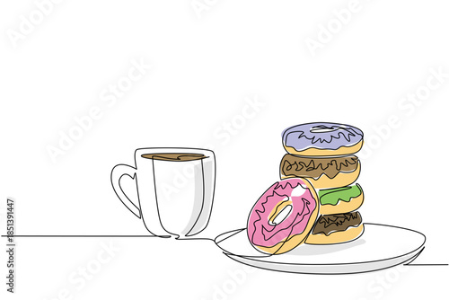 Creative continuous line drawing of a plate of assorted donuts flavor stacked high beside a coffee cup, symbolizing breakfast joy and National Donut Day sweet indulgence theme.