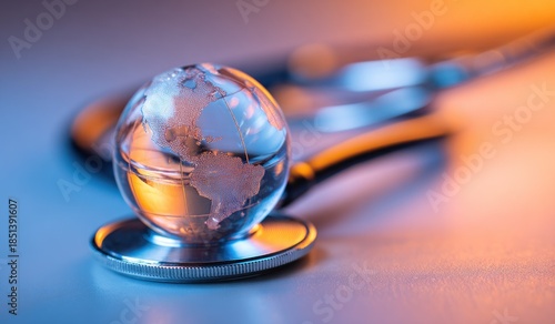 Crystal globe representing the world on a stethoscope symbolizing global healthcare and medical services.