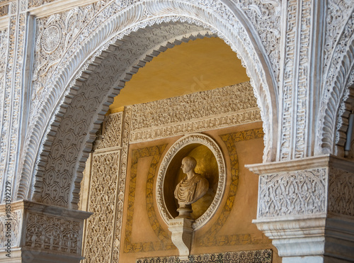 Architectural details at Casa de Pilatos, a palace in Seville, Spain