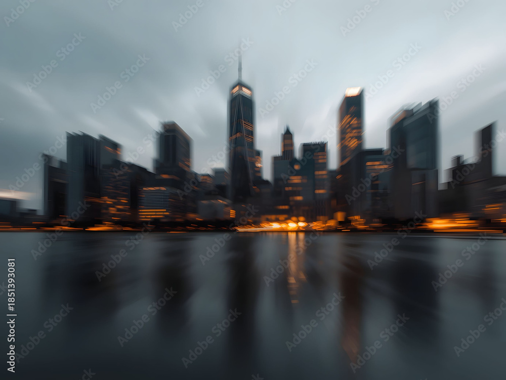 Obraz premium Blurred city skyline at dusk over calm water, dynamic urban motion effect capturing modern metropolis atmosphere, speed, energy, and contemporary city lifestyle 