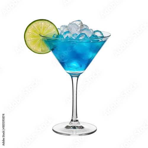 Crystal clear martini glass filled with vibrant blue cocktail and crushed ice, garnished with a fresh lime wedge, perfect for drink designs, isolated on white or transparent background. PNG format