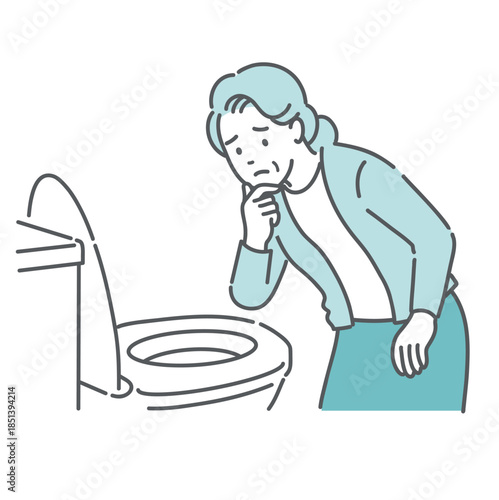 トイレで便の状態を確認して悩む高齢女性のイラスト（便秘・排泄トラブル・介護）