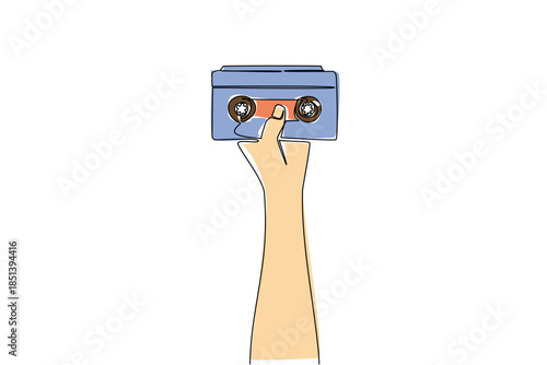 One line drawing of a human hand holding VHS cassette tape, symbolizing analog technology concept and cultural nostalgia, designed as international theme for National VCR Day celebration.