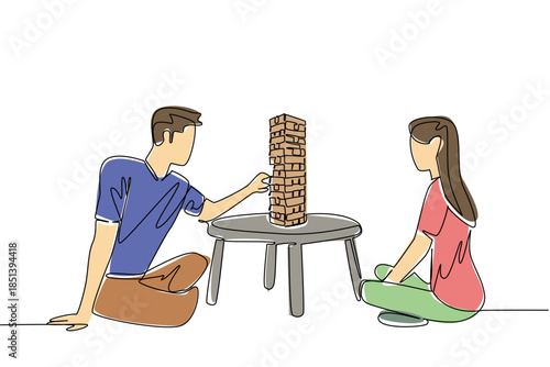 Continuous line drawing featuring a young man and woman engaged in a tabletop block stacking game, symbolizing teamwork, tension, and fun for International Tabletop Day in cultural concept.