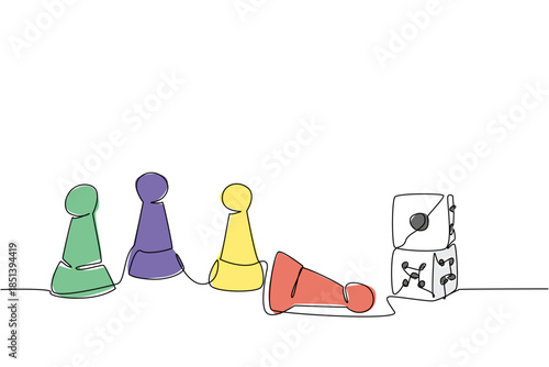 Continuous line drawing of colorful tabletop pawns with dice, symbolizing community, play, and celebration of International Tabletop Day in a cultural concept highlighting leisure and bonding