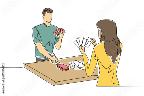 Continuous line drawing showing a man and woman enjoying a tabletop card game together, symbolizing leisure, strategy, and togetherness for International Tabletop Day in a cultural concept.