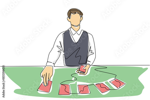 Continuous line drawing illustration of a man dealing cards on a tabletop, symbolizing strategy, fun, and creativity for International Tabletop Day in a playful game concept.