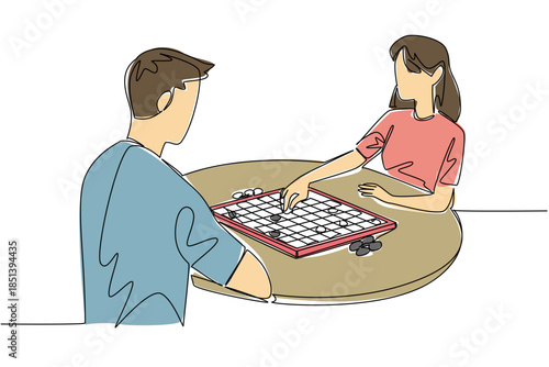 Single line drawing of a young man and woman seated at a round table playing a board game with grid pieces, highlighting culture, strategy, and community for International Tabletop Day event.