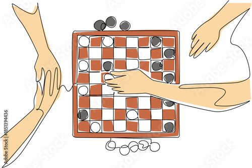 Single line drawing of hands moving tokens across a tabletop board, capturing teamwork and excitement for International Tabletop Day in a gaming and leisure concept.
