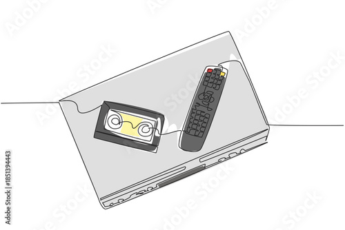 Single line drawing of a VCR machine with remote control and VHS cassette, reflecting media technology concept and analog memory, created for National VCR Day international celebration.