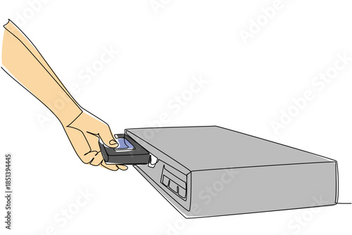 Flat continuous line drawing of a hand inserting VHS tape into a VCR, emphasizing retro technology concept and home media nostalgia, designed for National VCR Day celebration worldwide.