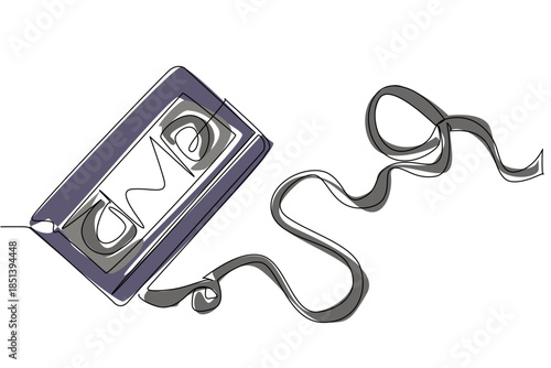 Minimalist one line drawing of a VHS tape with film strip unwound, symbolizing retro technology concept and analog nostalgia, designed for National VCR Day as global cultural celebration.